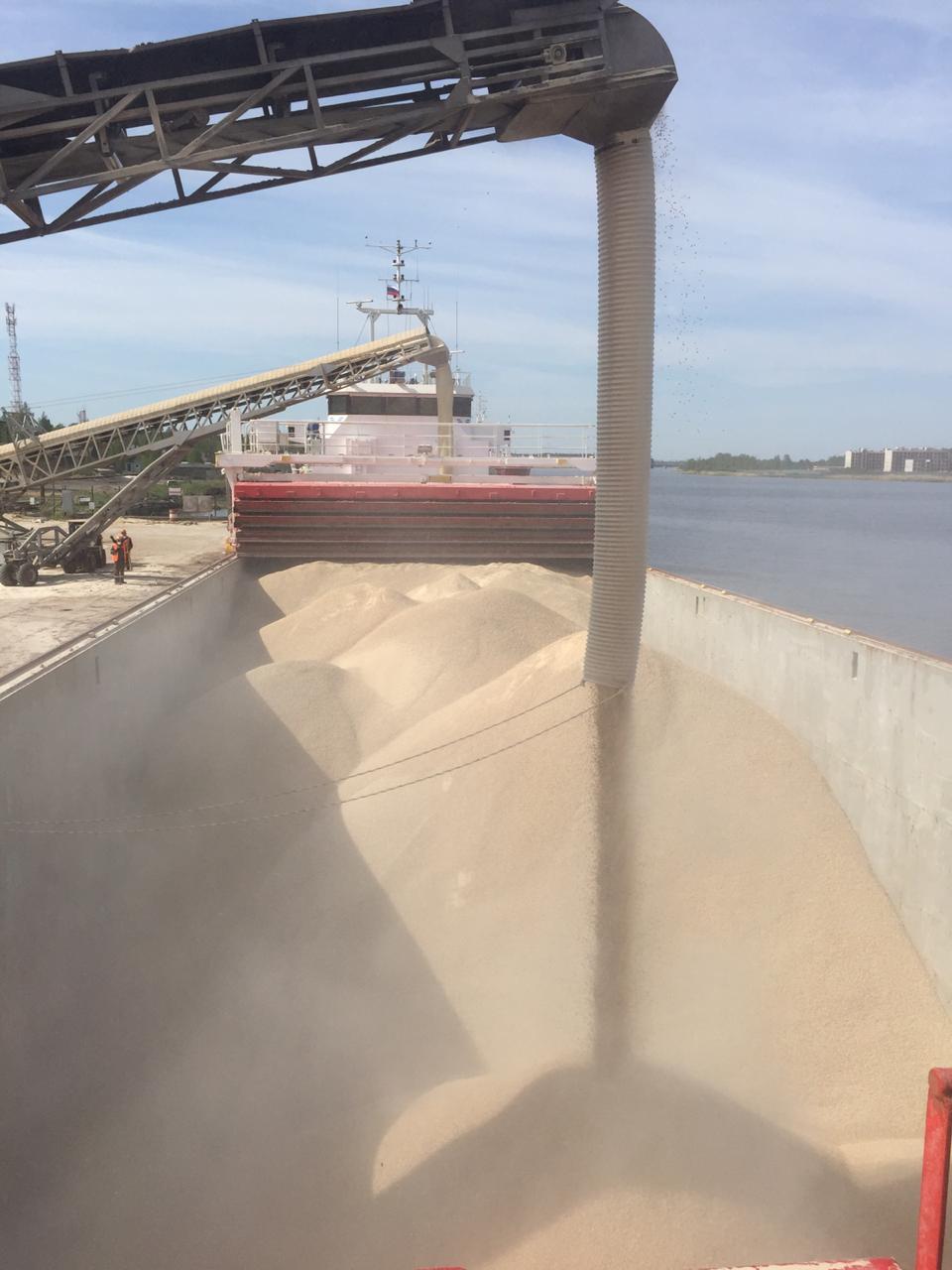 Pellets filling cargo hold from conveyor